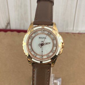Bulova 2 Tone White Enamel and Rose Gold Crystal Dial New Brown Leather Strap